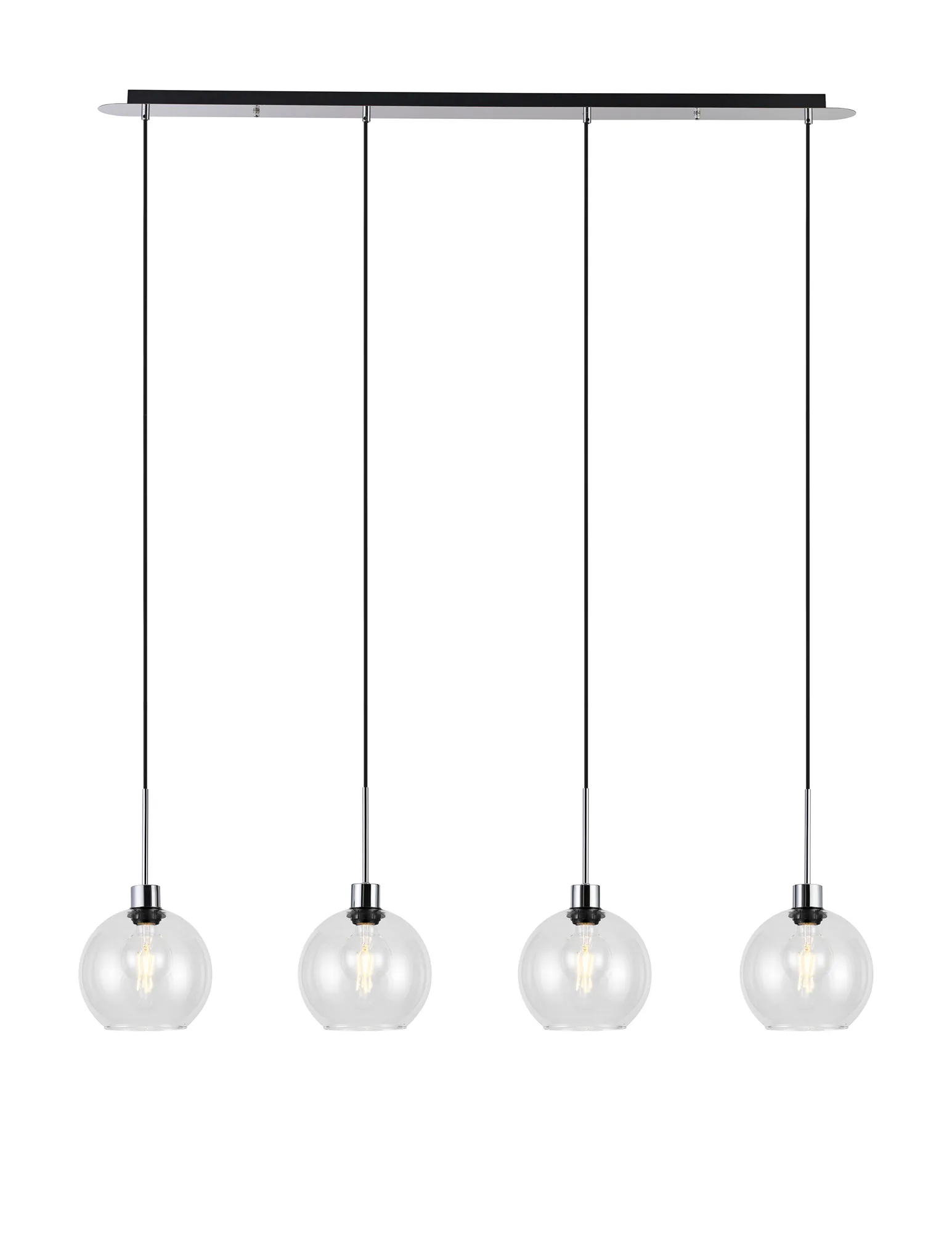 DK1320  Lori Linear Pendant, 4 Light Adjustable E27, Polished Chrome/Clear Open Mouth Round Globe Shades